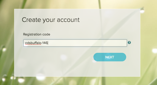 Screenshot: Create your account. Registration code: cdsbuffalo-146. Next.