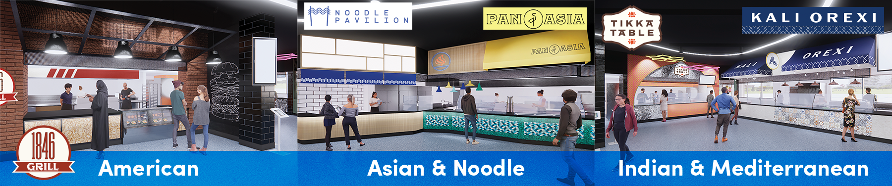 American, Asian & Noodle, and Indian & Mediterranean station mockups
