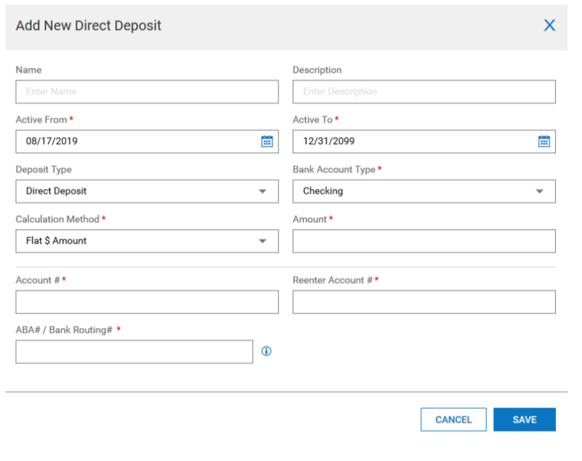 Kronos Direct Deposit Add form screenshot