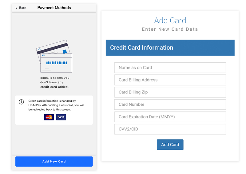 Screenshots of adding a credit card to GET Mobile