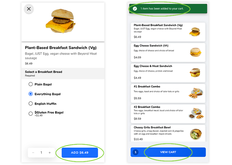 Screenshots of adding a Plant-Based Breakfast Sandwich at 1846 Grill to your cart on GET Mobile.