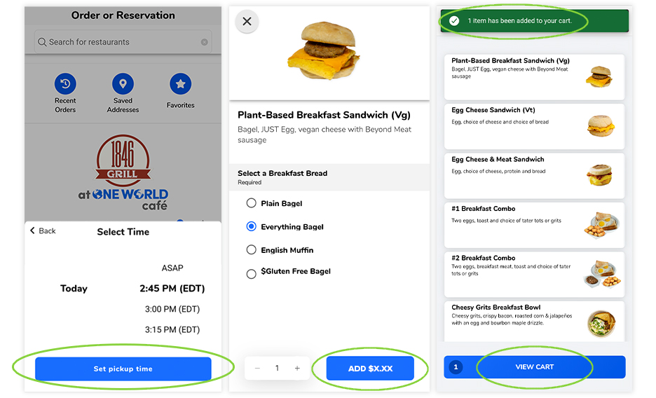 Screenshots of choosing 1846 Grill to order from, and adding a Plant-Based Breakfast Sandwich to your cart on GET Mobile.