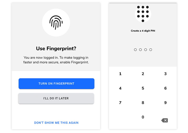 Screenshots of GET Mobile's fingerprint security option and PIN number screens.