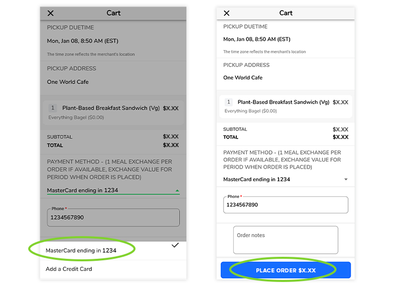 Screenshots of placing an order with a credit card on GET Mobile for a Plant-Based Breakfast Sandwich at 1846 Grill.