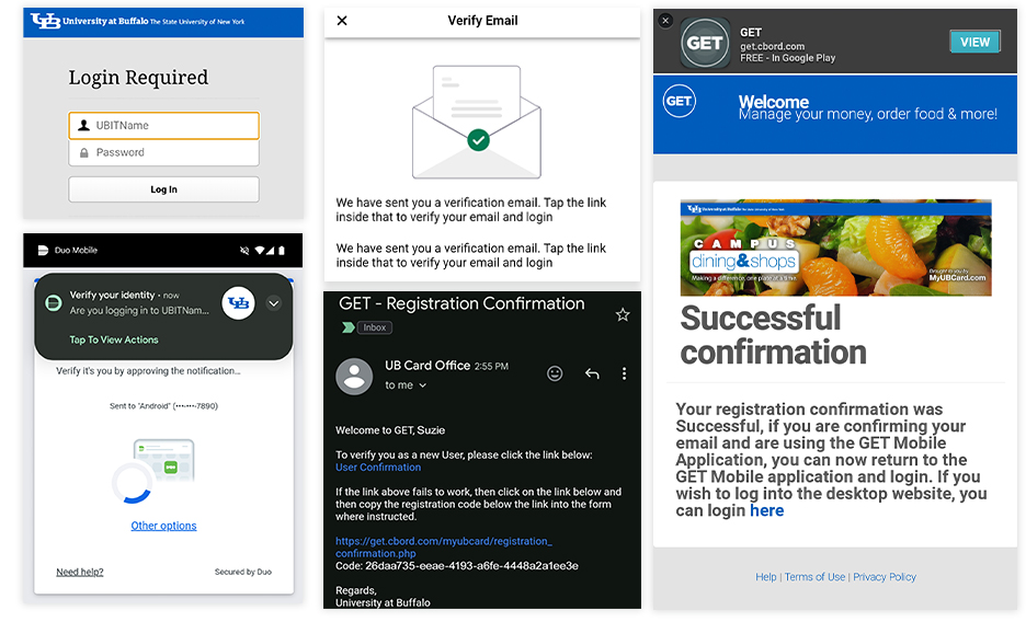 Screenshots of Shibboleth login, Duo authentication, Verify Email confirmation, an email with a confirmation link, and confirmation success page.