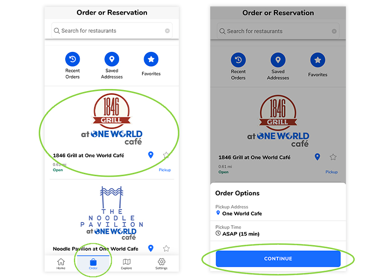 Screenshots of choosing 1846 Grill at One World Cafe as an Order (or Reservation) example on GET Mobile.