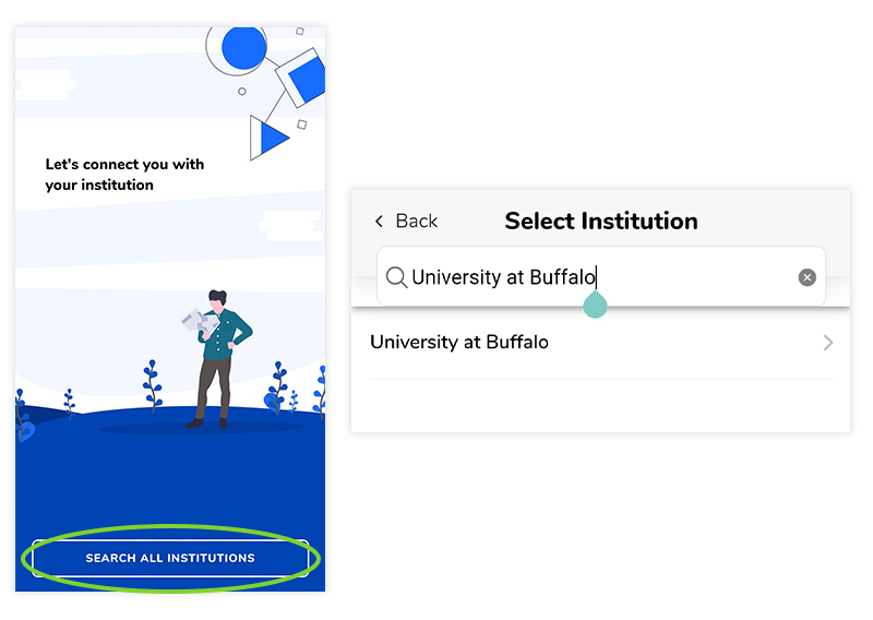 Screenshots of searching for University at Buffalo on GET Mobile