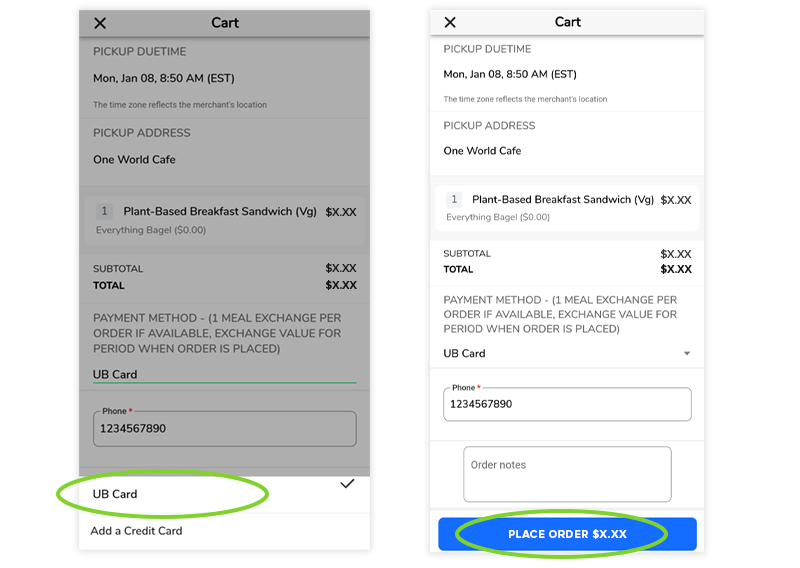 Screenshots of placing an order with a Flex 14 Meal Plan on GET Mobile for a Plant-Based Breakfast Sandwich at 1846 Grill.