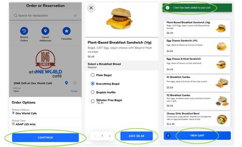 Screenshots of choosing 1846 Grill to order from, and adding a Plant-Based Breakfast Sandwich to your cart on GET Mobile.